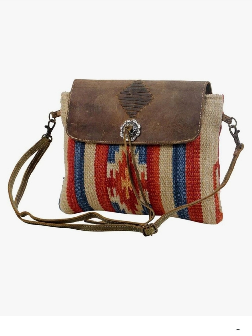 Myra Win Win Crossbody Bag Rustic Brown Leather & Southwestern Canvas Tapestry - Picture 3 of 14